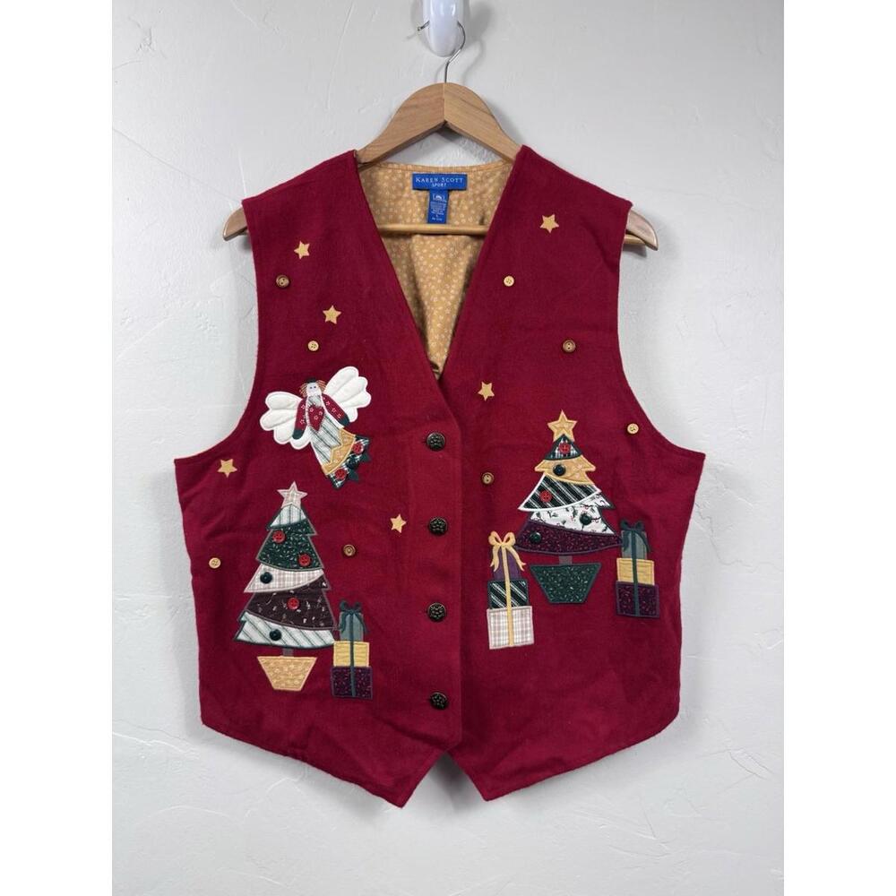 Karen Scott Sport Christmas Holiday Embroidered Women's Vest Large Artsy Festive